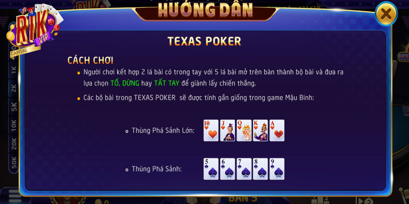 Các hành động diễn ra trong bàn chơi là tố, theo, tất tay, dừng và xem