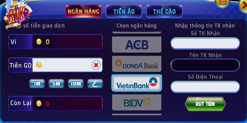 Rút tiền Rikvip qua ngân hàng là cách thông dụng hiện nay